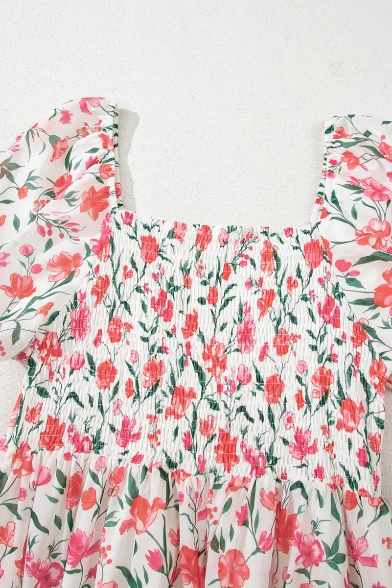 Pink Floral Puff Sleeve Square Neck Empire Waist Maxi Dress - Love Salve